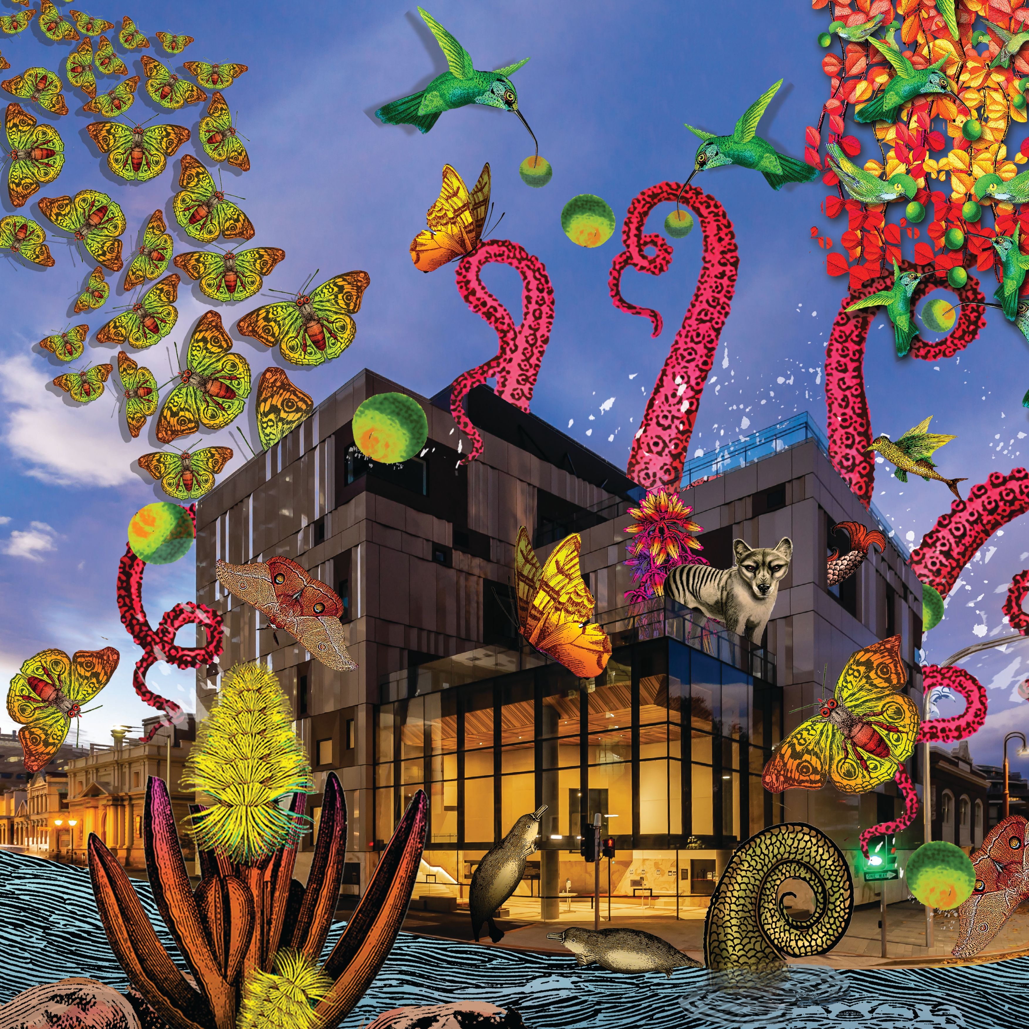 Ten Days on the Island Festival Hub An image of The Theatre Royal/The Hedberg with graphic ideas and thoughts emanating from the building