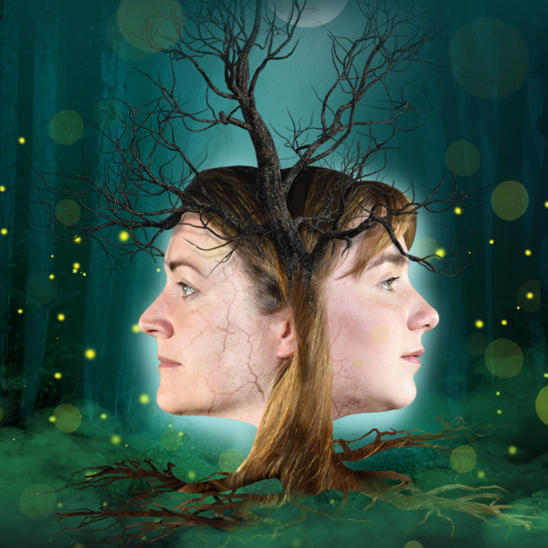 Two woman's faces reflected sit behind an image of a bare tree. The background is green with yellow sparkles.