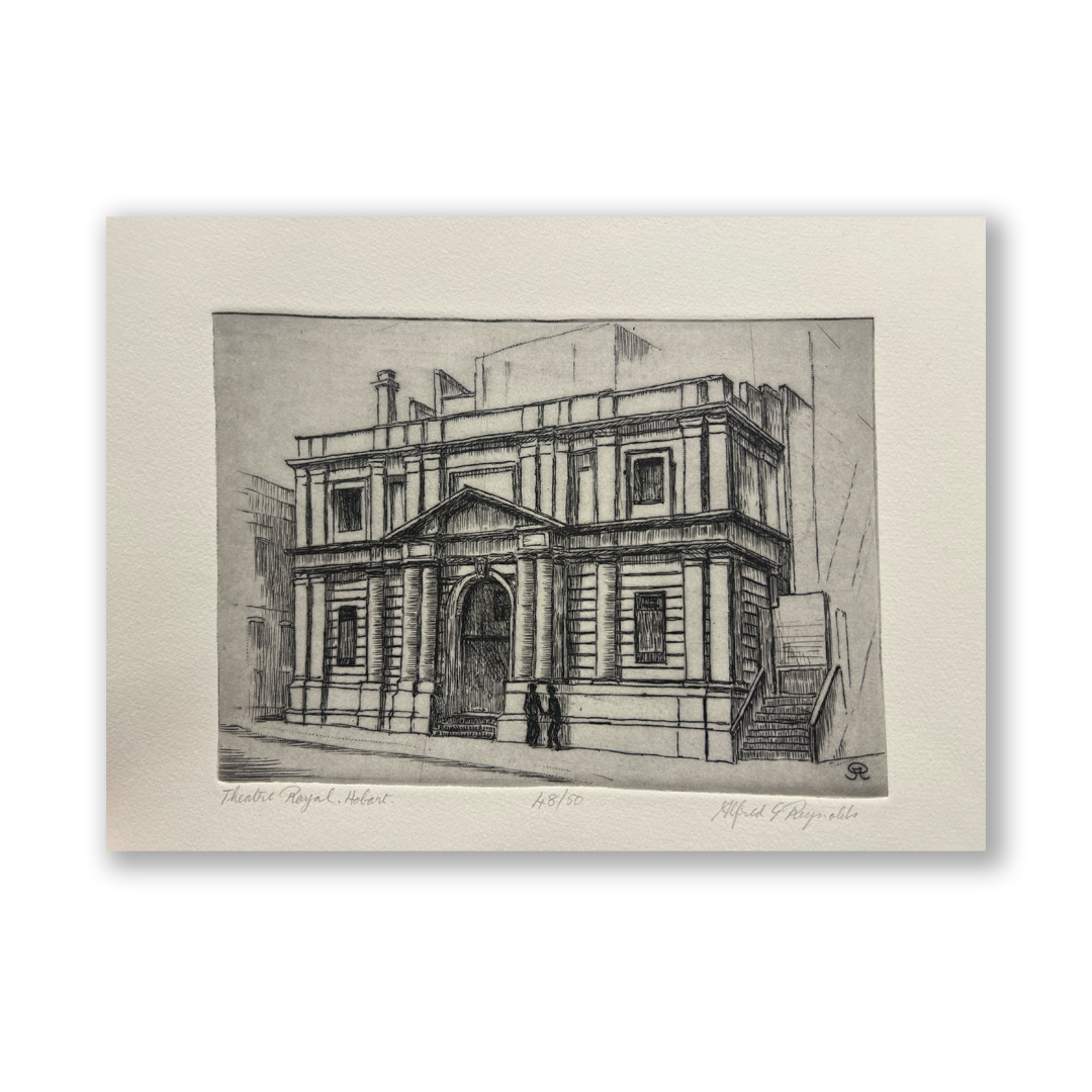 A print by Rev Alfred George Reynolds sits on a white background. There is a slight drop shadow. The etching print is of the Theatre Royal, Hobart. It's printed with black ink.