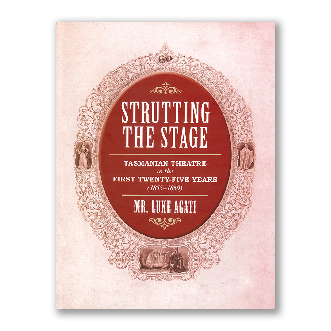 A book called Strutting the Stage by Luke Agati sits on a white background. There is a slight drop shadow. 