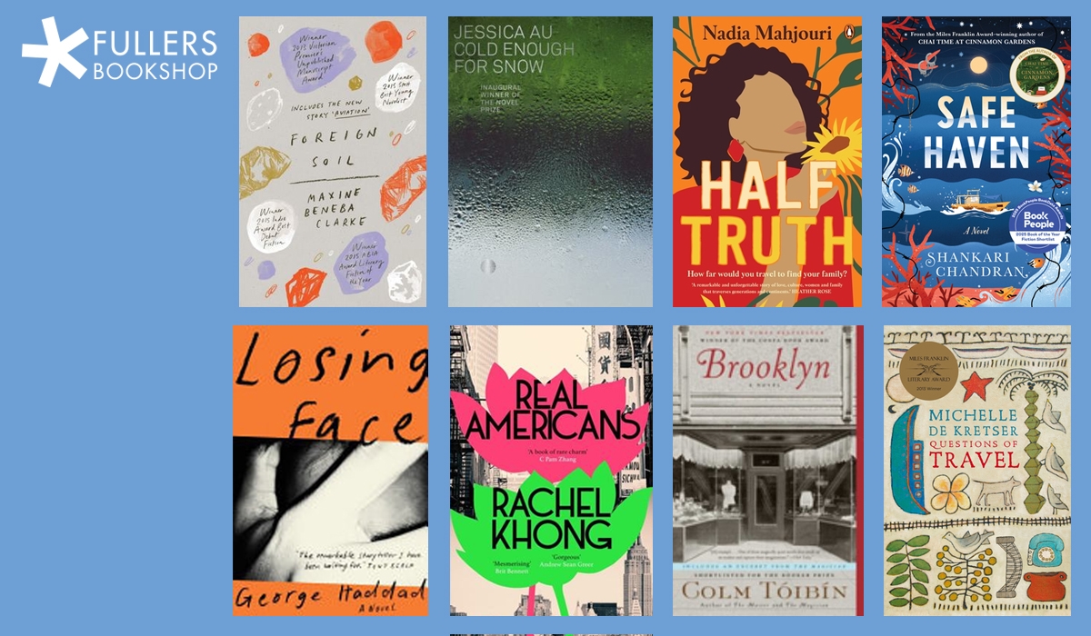 A collection of books sit on a blue background. Fullers Bookshop logo sits on the left of them in white. The collection of books are all migrant stories.