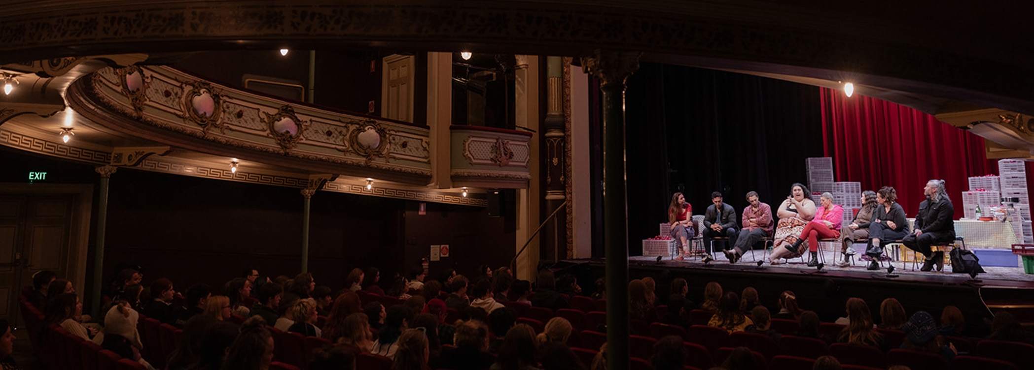 Image: Rosie Haste The cast from Looking fro Alibrandi sit on the Theatre Royal stage answering questions from the audience